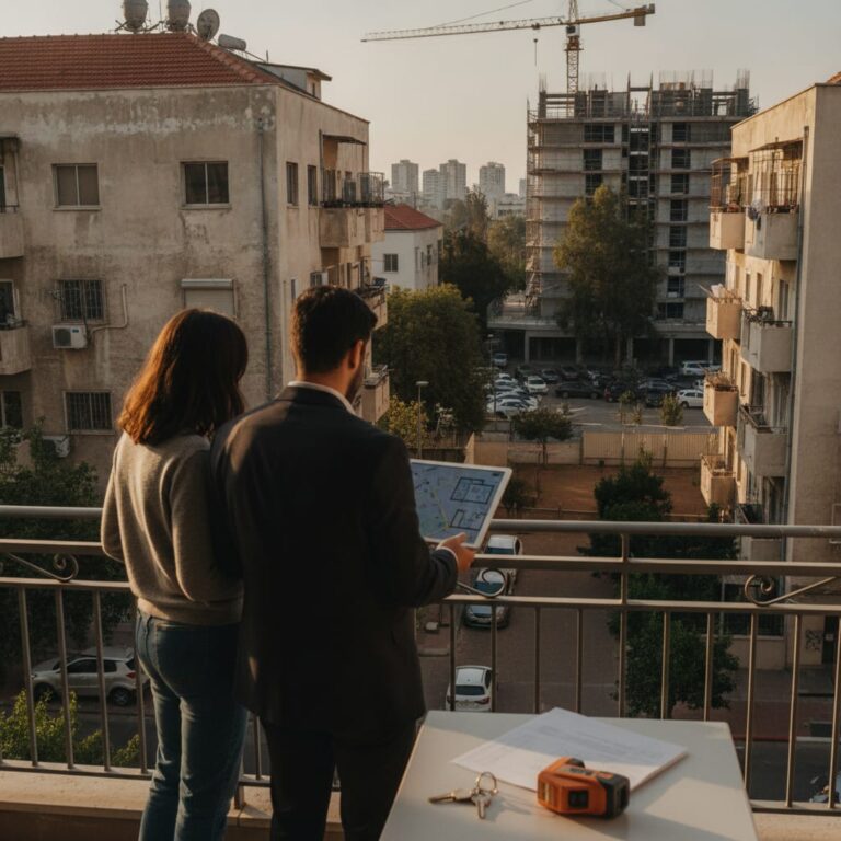 זוג בוחן תוכניות דירה במרפסת מול בנייני מגורים