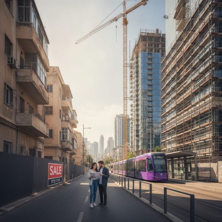 רחוב עירוני עם בניינים חדשים בבנייה ורכבת קלה