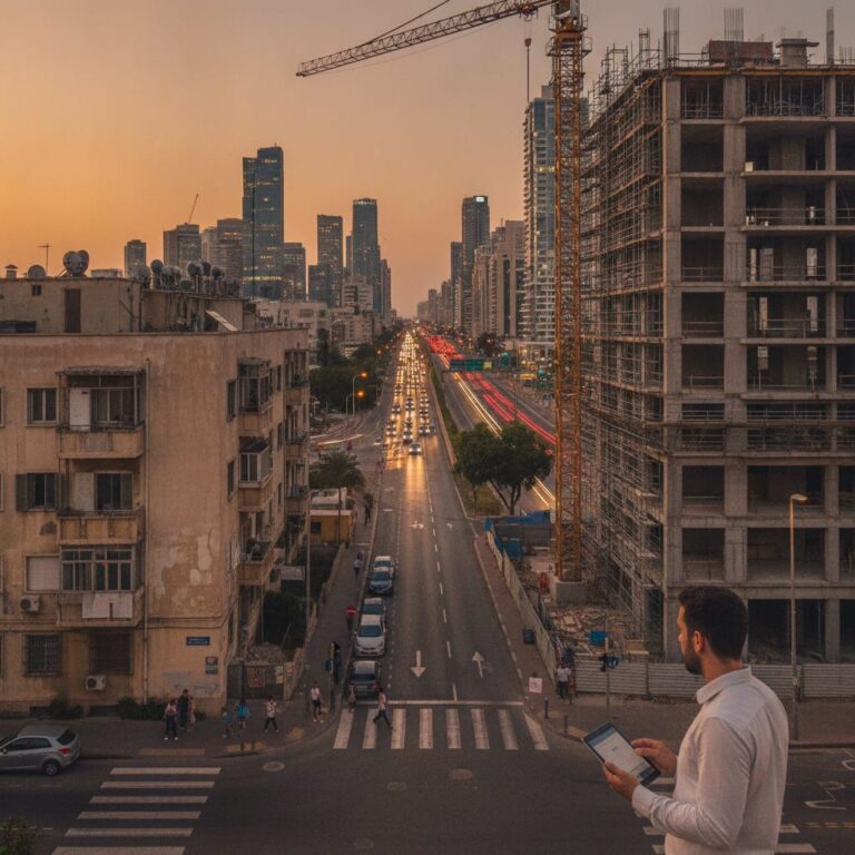 שדרה עירונית עם בנייני מגורים ומגדלים בשקיעה